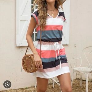 Colorblock V-Neck Dress with Drawstring